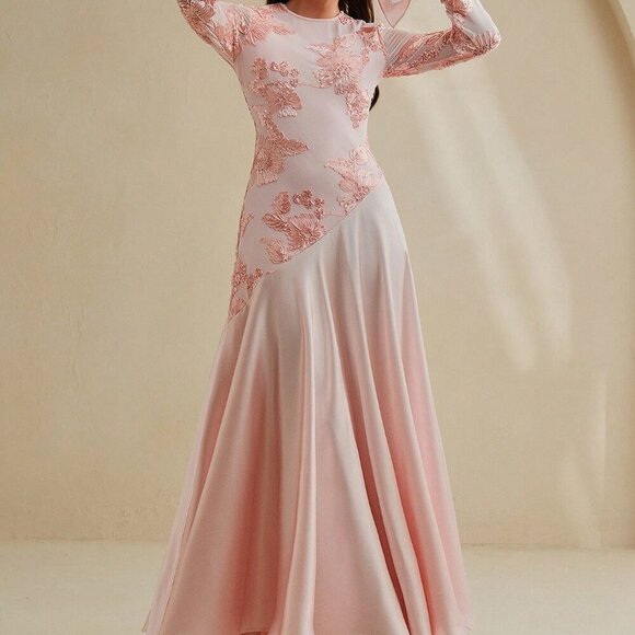 Pink Elegant Women's Floral Pattern Round Neck Fitted A-Line Mai Dress - Picture 8 of 8